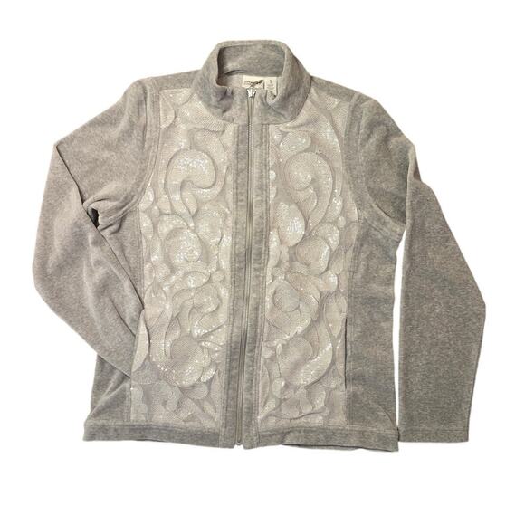 Chicos Zenergy Sweater Size 2/L Gray Full Zip High Neck Sequin Sweatshirt‎ - Picture 1 of 5